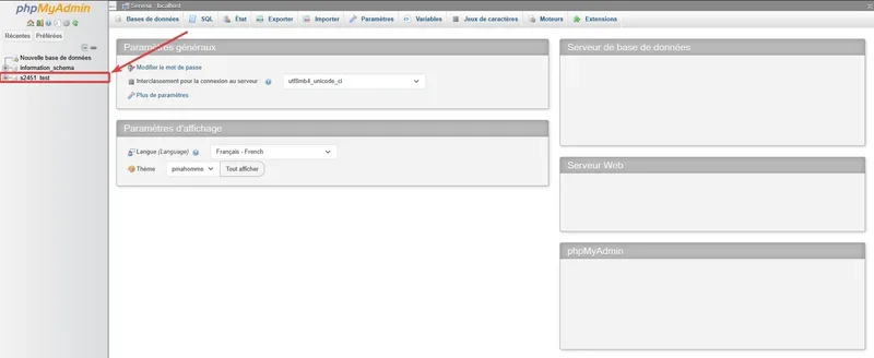 phpMyAdmin interface showing the MariaDB server and the selected database