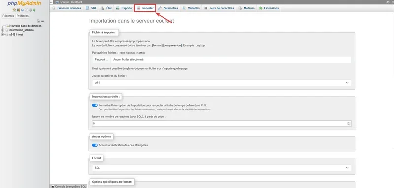 Screenshot of the Import tab in phpMyAdmin, used to upload and integrate backup files or SQL scripts into a database