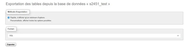 Export configuration interface in phpMyAdmin, allowing you to choose between a quick or custom method, set the format to SQL by default, and launch the operation
