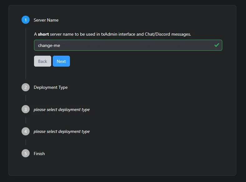 Step 1 of the txAdmin wizard, entering the server's short name (Server Name)