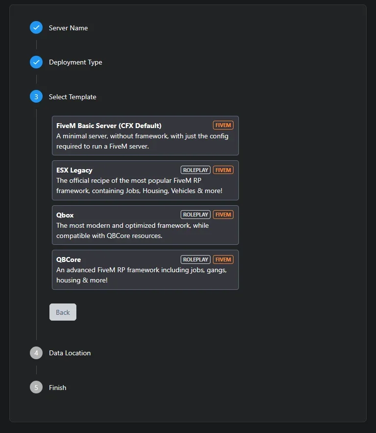Step 3, template selection with FiveM Basic Server, ESX Legacy, Qbox, and QBCore