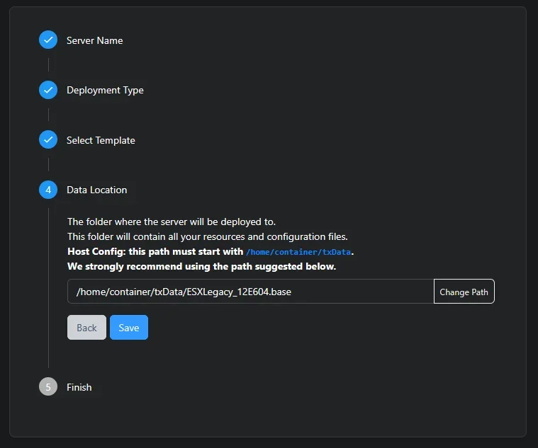 Step 4, Data Location with the default /home/container/txData/ESXLegacy_XXXXX.base path