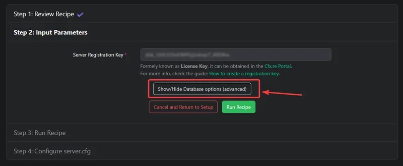 Recipe Deployer, Server Registration Key field with the Show/Hide Database options button highlighted in red