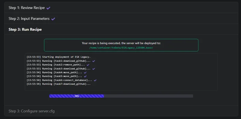 Run Recipe step, tasks running with a progress bar at 38 percent