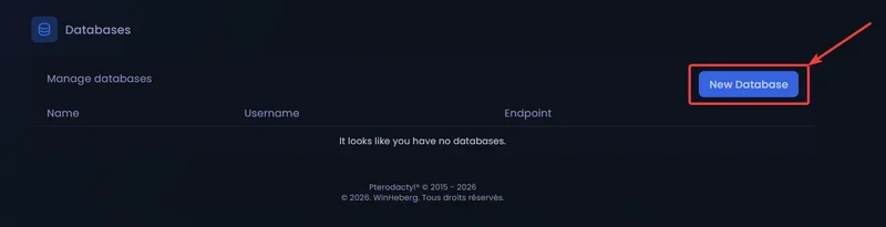 Screenshot of the gaming panel's Databases tab with the Create Database button