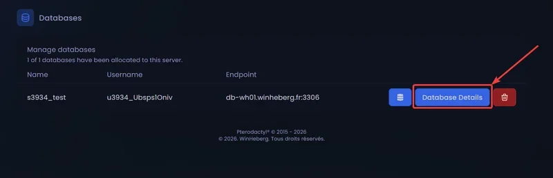 Screenshot of the Database Details button