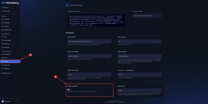Startup Settings page with the Startup menu and the ENABLE TXADMIN field highlighted