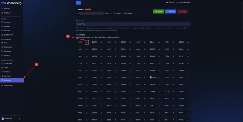 Winheberg panel Artifacts page with the Artifacts menu and a version download button highlighted