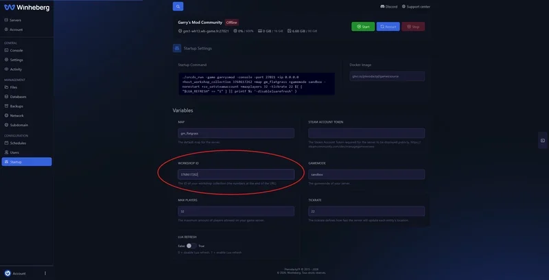 Workshop Collection ID field filled in the Startup tab