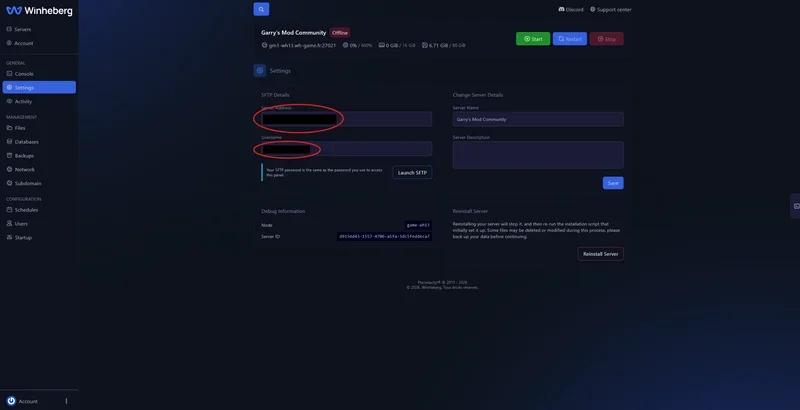 SFTP Details section in the server settings