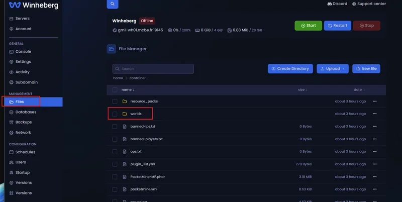 Accessing the File Manager tab on the Winheberg gaming panel