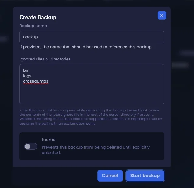 Configuring the name and ignored folders inside the Create Backup gaming panel window