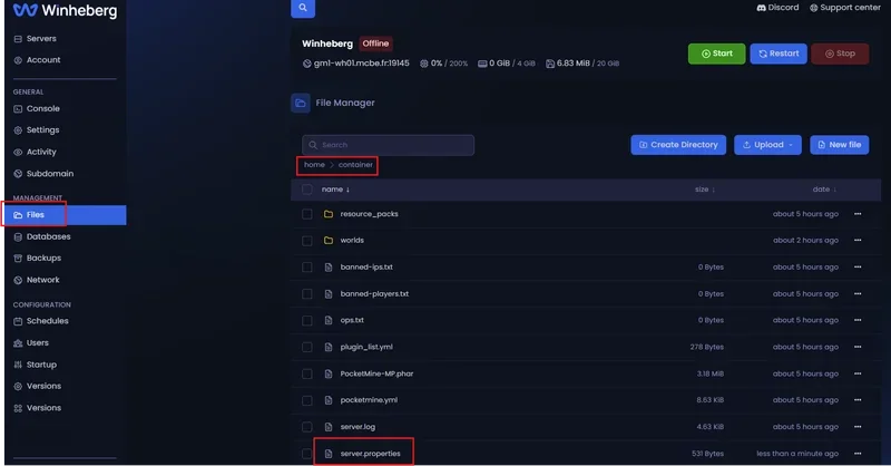 Accessing the File Manager tab on the Winheberg management panel