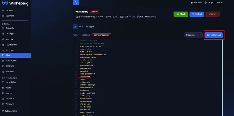 Modifying the hardcore variable inside the server.properties file