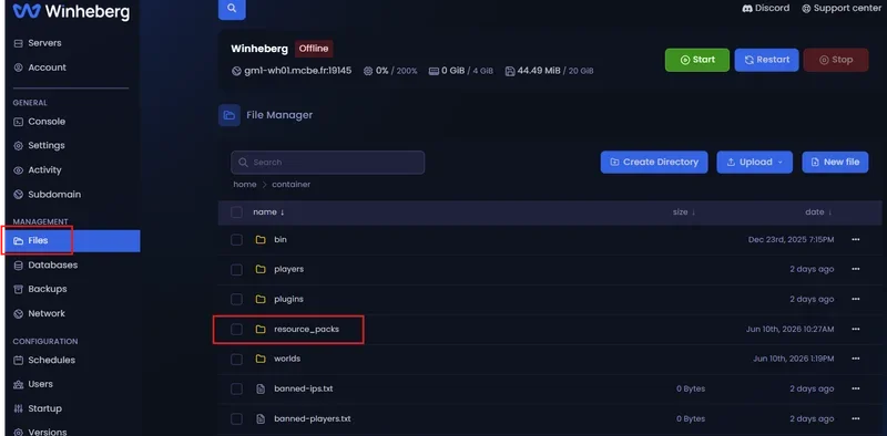 Accessing the File Manager tab on the Winheberg gaming panel