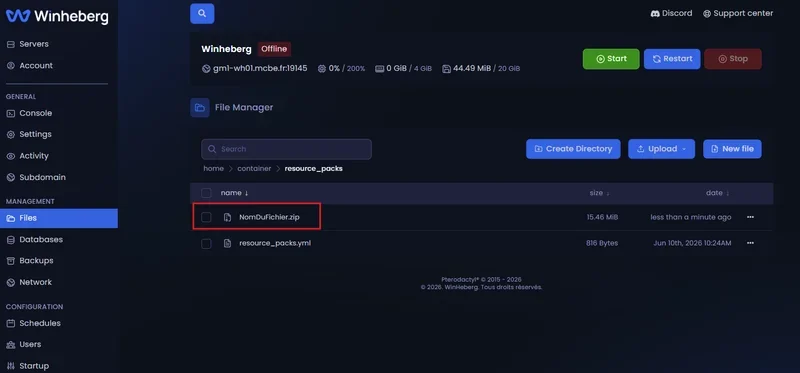 Uploading a texture pack inside the resource_packs directory