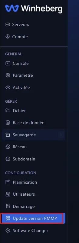 Winheberg panel side menu with the Versions button highlighted in the Configuration section.
