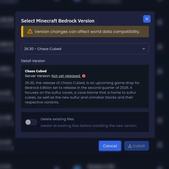 Minecraft Bedrock sub-version selection context window and installation options on the Winheberg panel