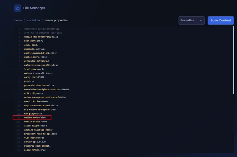 Editing the online-mode line in the server.properties file on the Winheberg gaming panel