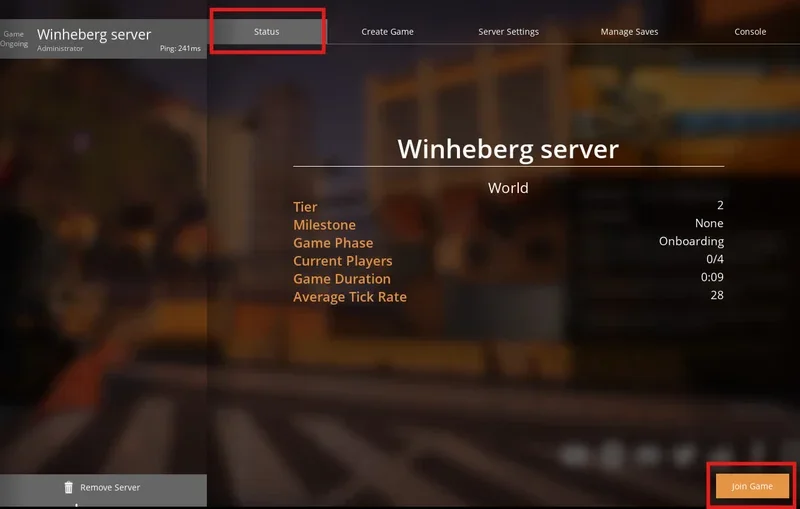 Join Game button to connect to the Satisfactory server