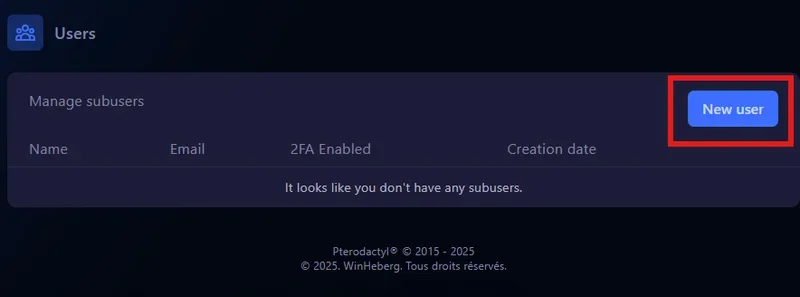 New User button to add a sub-user on the Winheberg gaming panel