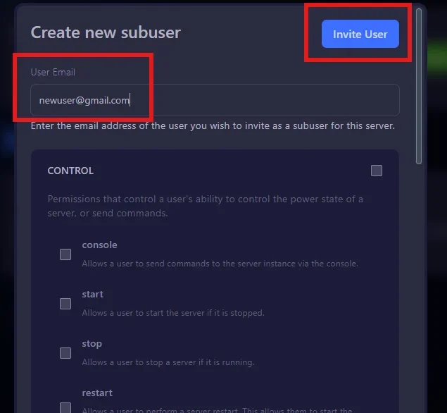Sub-user creation form with email and permissions on the Winheberg gaming panel