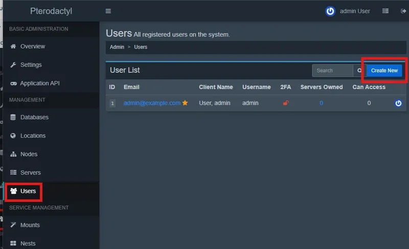 Pterodactyl Admin Panel Users Section