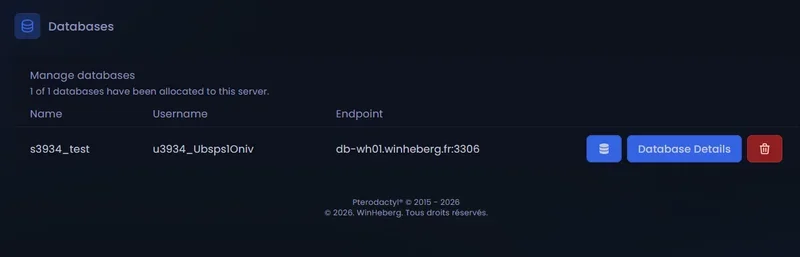 Capture d'écran de l'onglet Databases avec la liste des bases