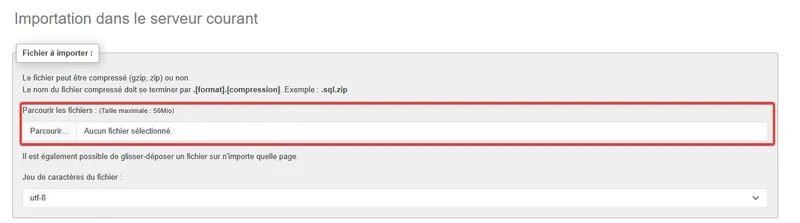 Zone de sélection de fichier dans phpMyAdmin pour importer une base de données