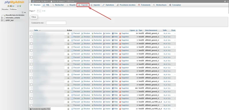 Capture d'écran de l'onglet Exporter dans phpMyAdmin, affichant la liste des tables d'une base de données sélectionnée pour permettre la création d'une sauvegarde ou d'un export