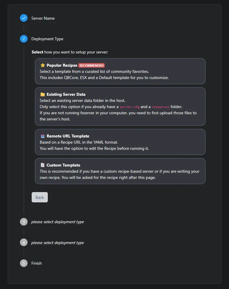 Étape 2 du wizard txAdmin, choix du type de déploiement (Popular Recipes, Existing Server Data, Remote URL Template, Custom Template)