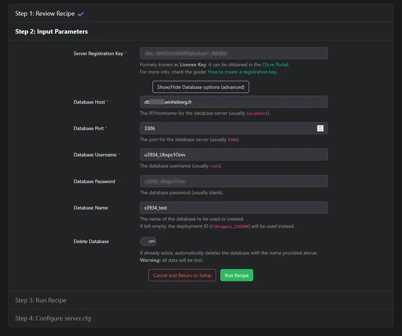 Champs Database Host, Port, Username, Password, Name et toggle Delete Database