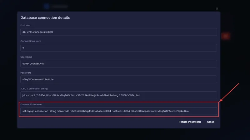 Capture d'écran de la section Database Details avec la ligne Fxserver Database