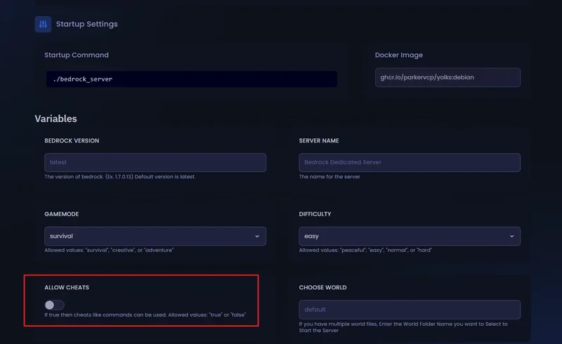 Activation de l'option Allow Cheats dans les variables de démarrage