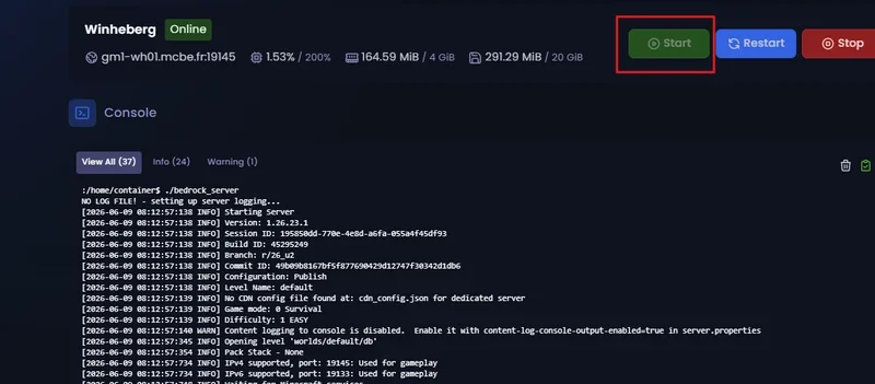 Démarrage du serveur depuis la console de gestion