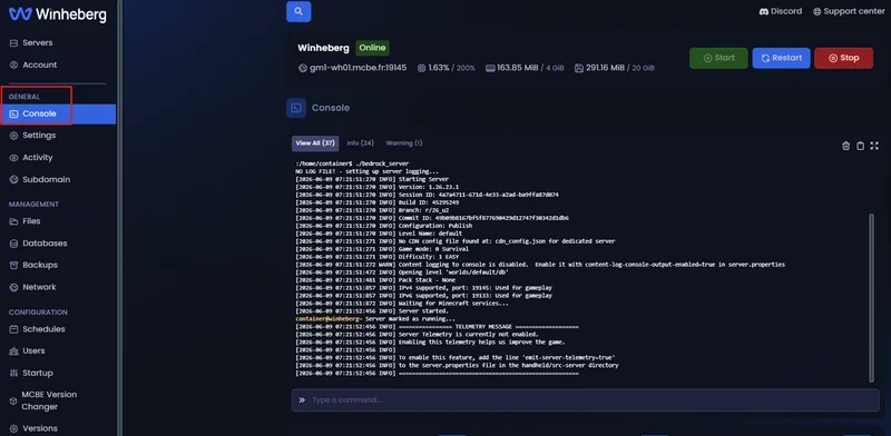 Console du serveur Minecraft Bedrock sur le panel gaming Winheberg