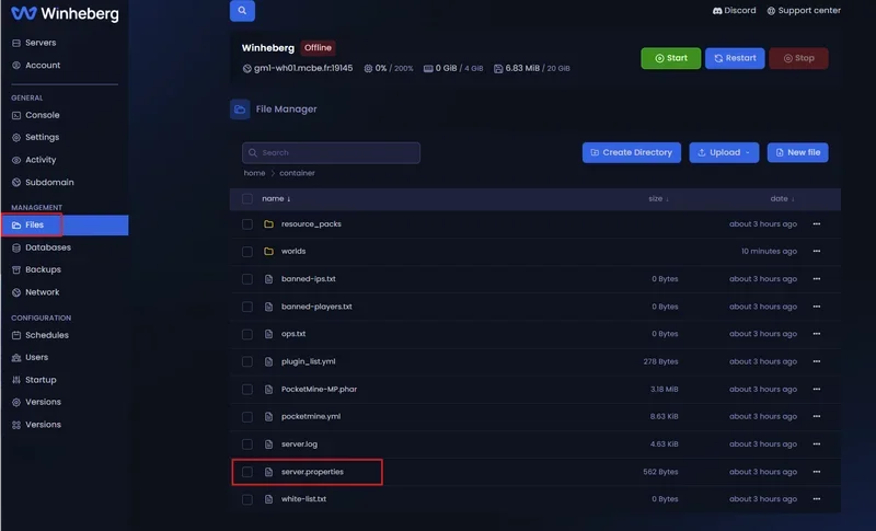 Accès à l'onglet File Manager sur le panel de gestion Winheberg