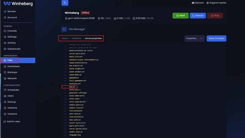 Modification de la variable pvp dans le fichier server.properties