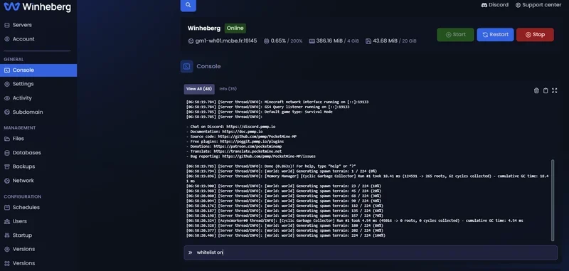 Interface de la console d'administration pour serveur PocketMine-MP sur le panel Winheberg