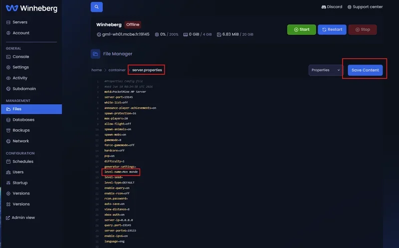 Modification de la ligne level-name dans le fichier server.properties