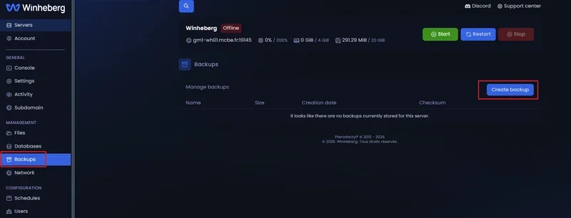 Accès à l'onglet Backups depuis le menu latéral du panel gaming Winheberg