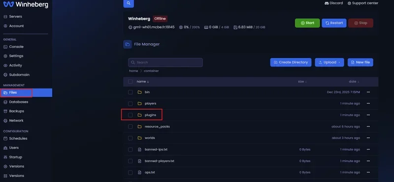 Accès à l'onglet File Manager sur le panel de gestion Winheberg