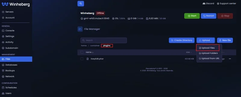 Téléversement d'un fichier de plugin au format .phar dans le dossier plugins