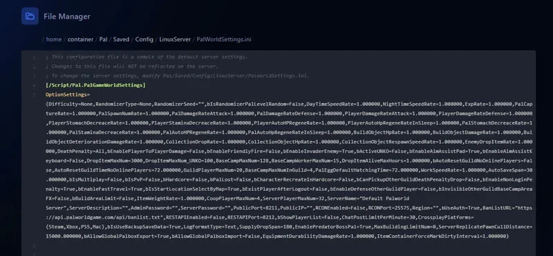 Exemple de fichier PalWorldSettings.ini correctement formaté avec tous les paramètres sur une seule ligne