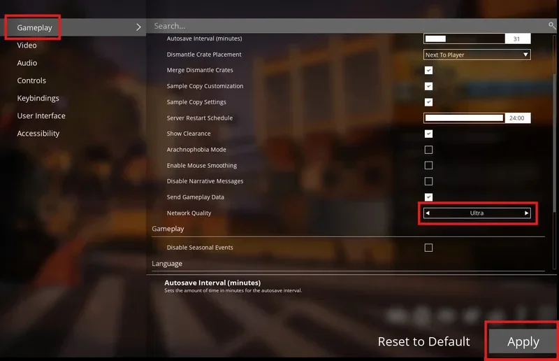 Paramètre Network Quality réglé sur Ultra dans Satisfactory