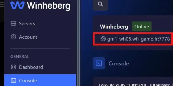 Adresse IP du serveur Satisfactory sur le panel WinHeberg