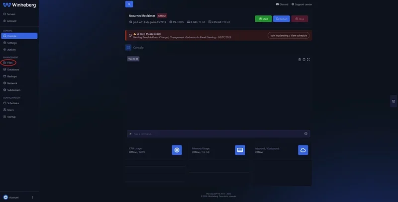 Gestionnaire de fichiers d'un serveur Unturned sur le panel