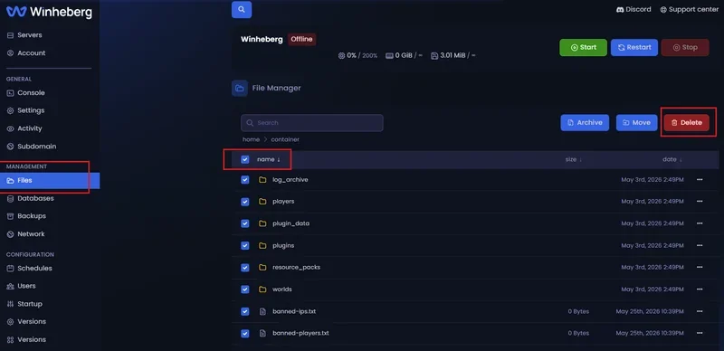 Sélection de tous les fichiers du serveur sur le panel gaming
