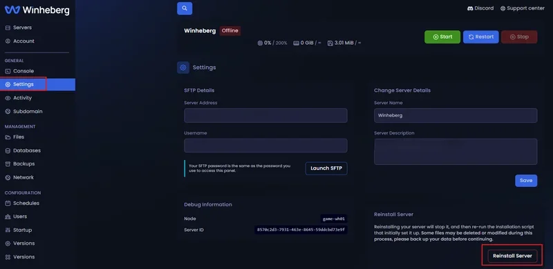 Bouton Reinstall Server dans les paramètres du panel