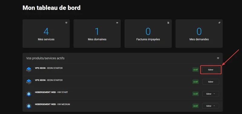Tableau de bord Winheberg avec la liste des services actifs et le bouton Gérer pour chaque VPS